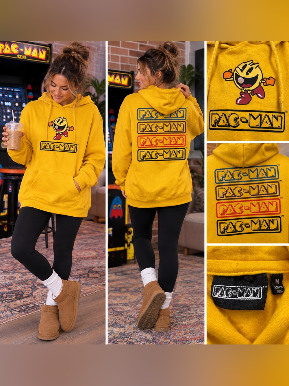 Pac-Man Retro Graphic Yellow Oversized Hoodie Sweatshirt Size Medium
